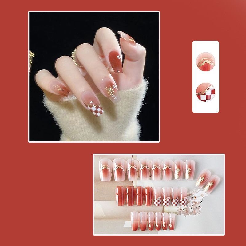False nails burgundy gradient with gold and cell with glue Bananahall LK13372 Red 24 pcs (A9763)
