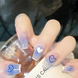 Long French false nails with glue with Hearts design R598 Bananahall Blue with white 24 pcs (A9444)