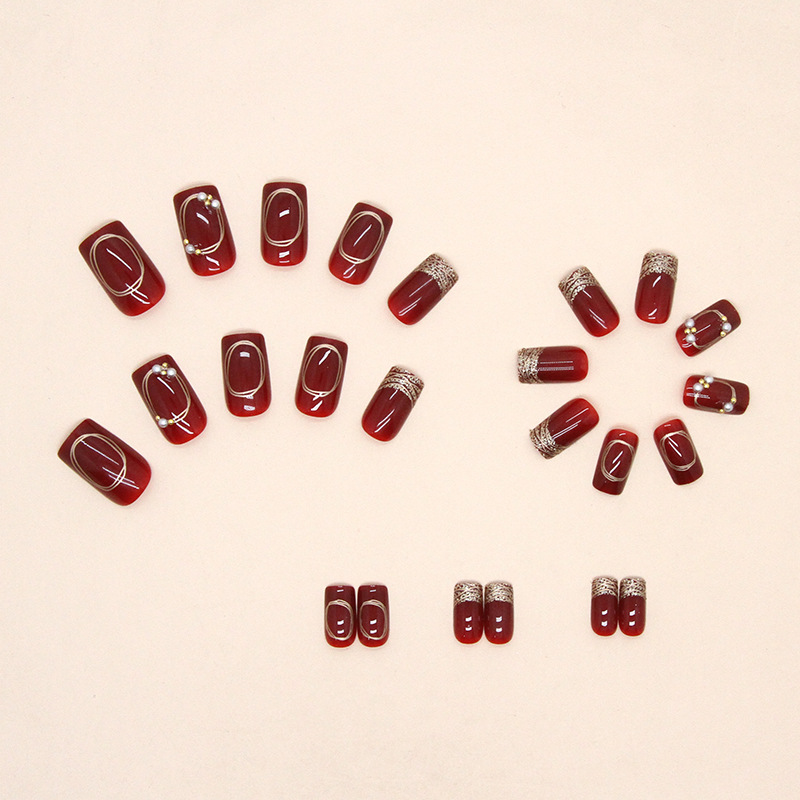 False Nails Bananahall with Glue Burgundy with Gold Z552 24 pcs (A9492)