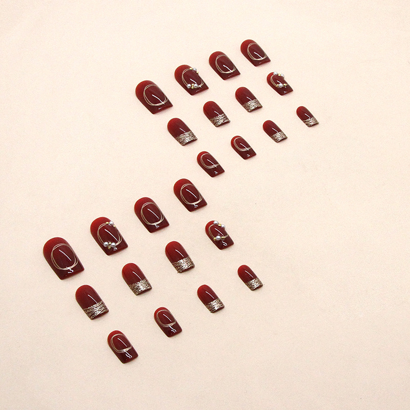 False Nails Bananahall with Glue Burgundy with Gold Z552 24 pcs (A9492)