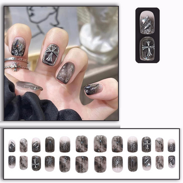 Накладные ногти с клеем Bananahall D506 Черно-серебряный 24 шт (A9505)