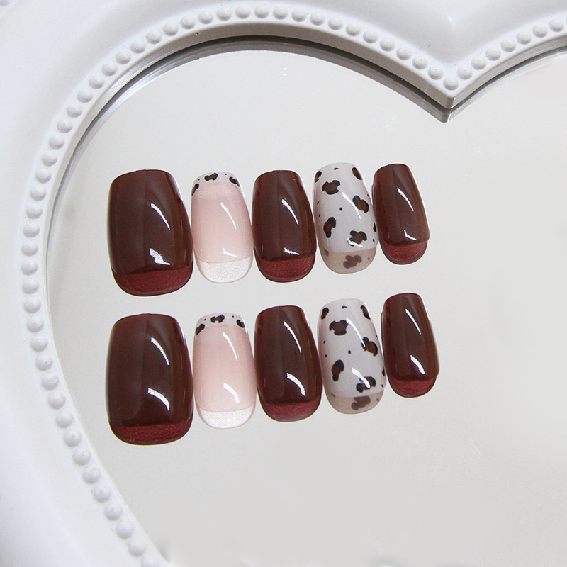 False Nails Bananahall with glue R883 Burgundy with leopard 24 pcs (A9482)