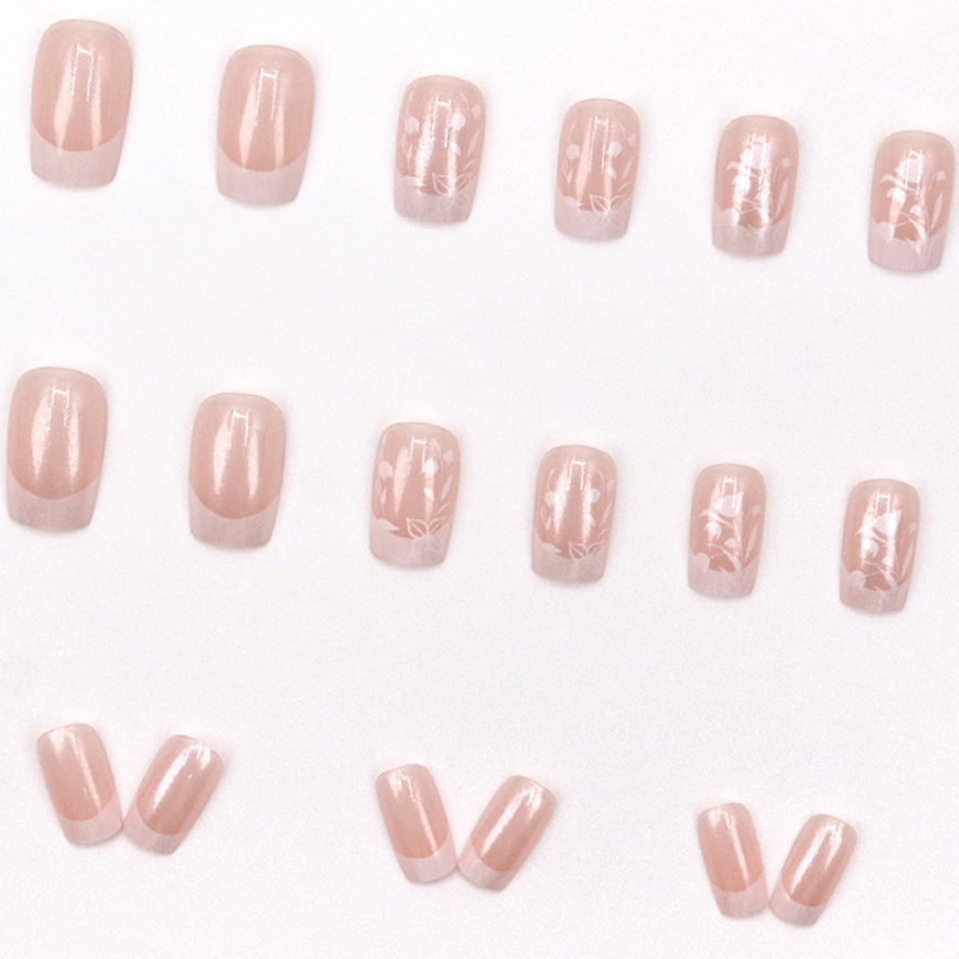 False Nails Bananahall French with Glue A3009 White with Flower Design 24 pcs (A9481)