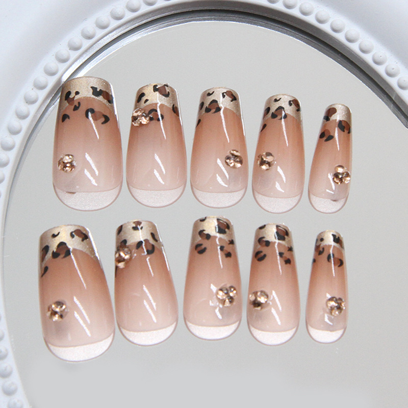 False Nails French Bananahall with glue MY104 Beige with golden leopard 24 pcs (A9479)
