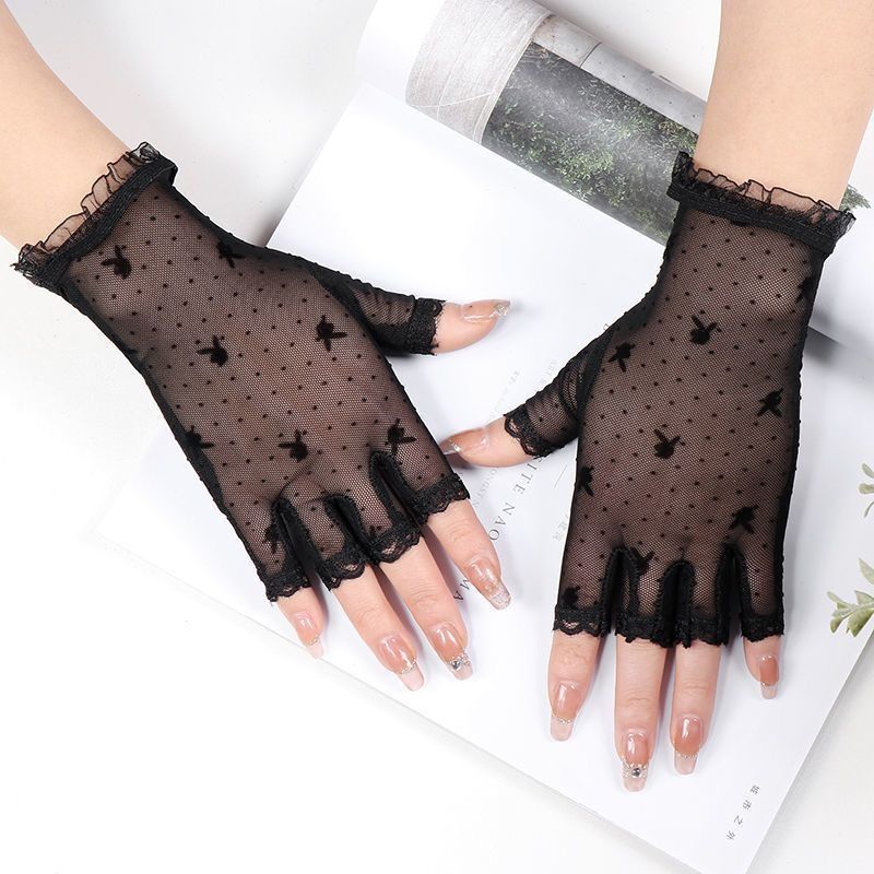 Перчатки в горошек фатиновые из сетки кружевные черные One Size (A9897)
