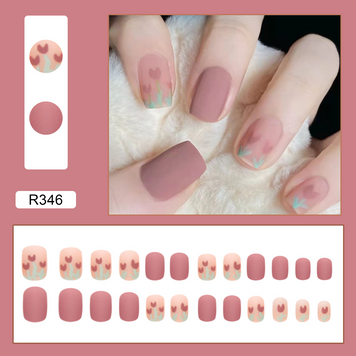 Short false nails with glue Bananahall R346 Pink with design 24 pcs (A9425)