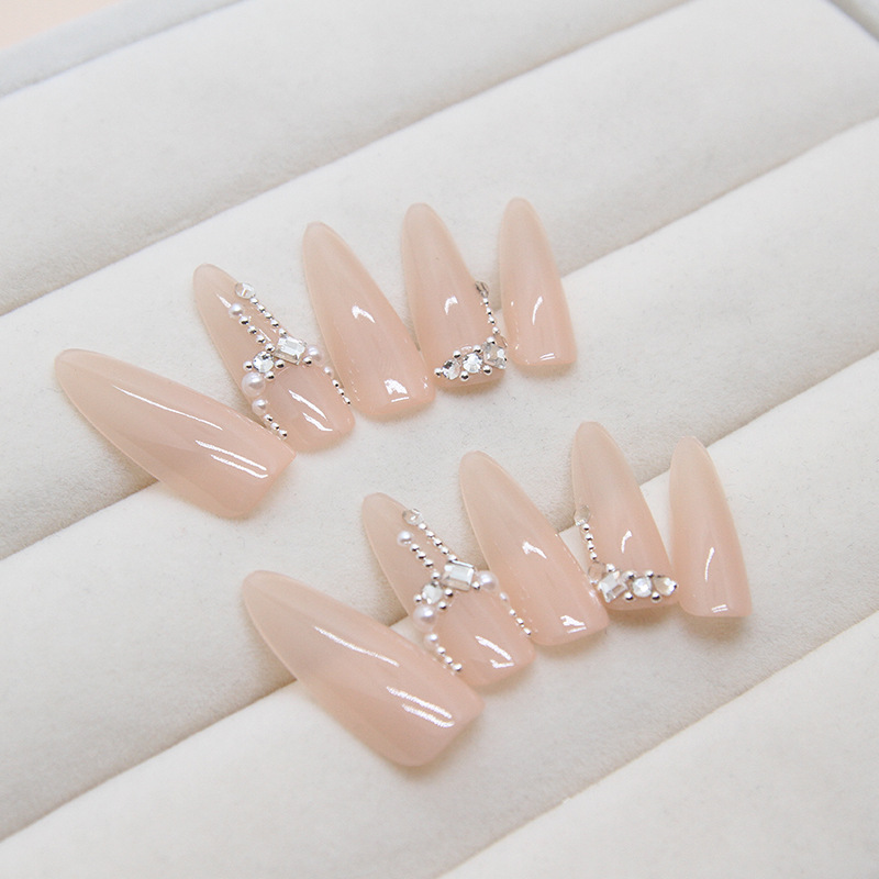 False Nails Long with rhinestone design with glue Bananahall Z869 Beige 24 pcs (A9475)