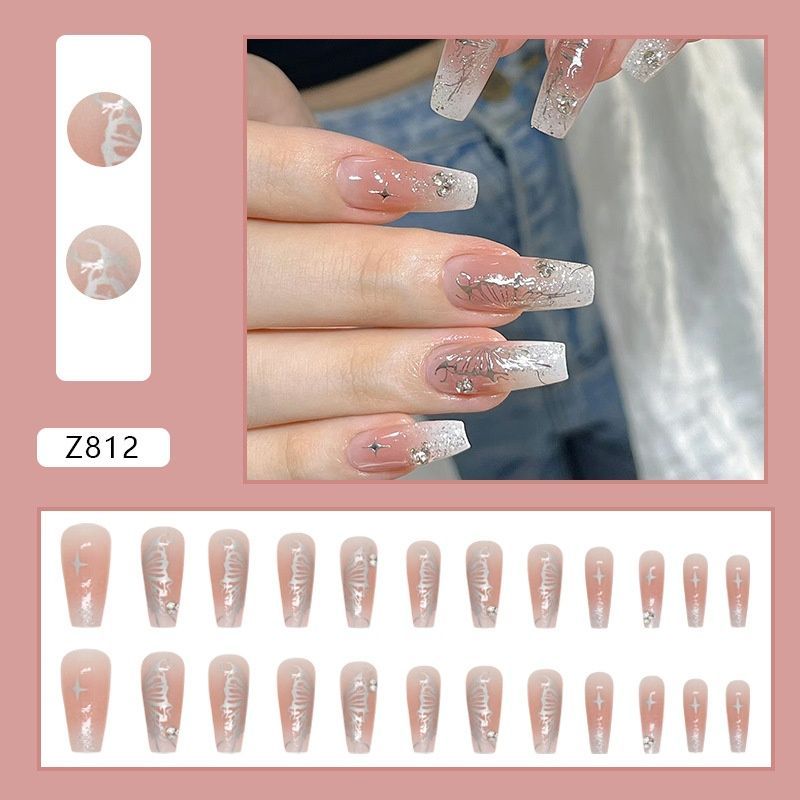 False nails with glue Bananahall Z812 Beige-silver 24 pcs (A9686)