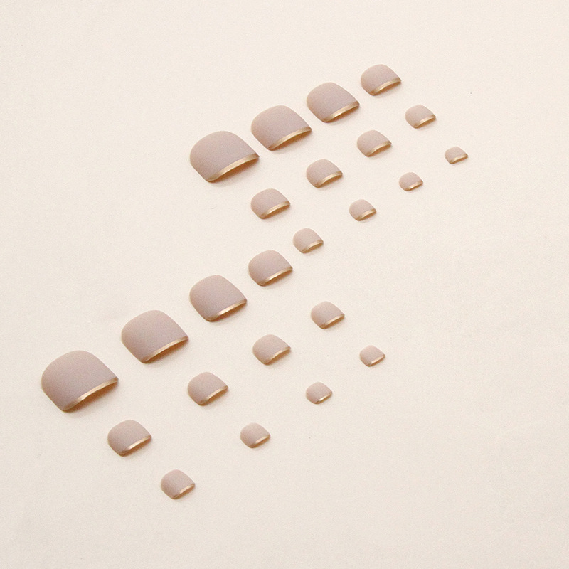 Press On Toenails with Glue 24 pcs French Pedicure Gold Outline Reusable F040 Beige (A9403)
