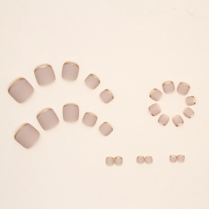 Press On Toenails with Glue 24 pcs French Pedicure Gold Outline Reusable F040 Beige (A9403)