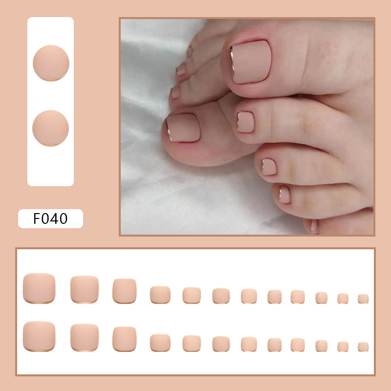 Press On Toenails with Glue 24 pcs French Pedicure Gold Outline Reusable F040 Beige (A9403)