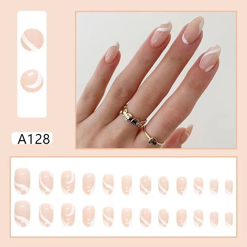 False nails with glue A128 Bananahall Beige with white stripes 24 pcs (A9456)