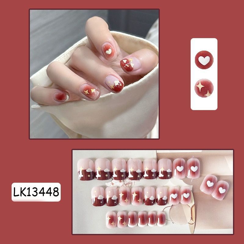 False nails with hearts and stars with glue Bananahall LK13448 Burgundy 24 pcs (A9764)