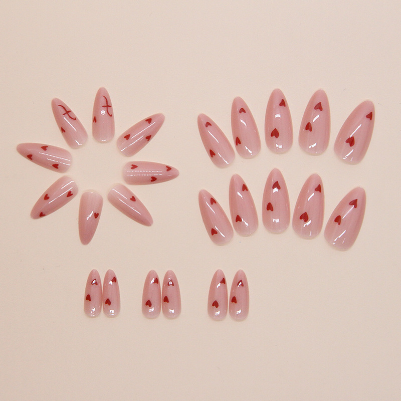 Press On Nails with Glue Almond Heart Design W1839 24 pcs Beige (A9402)