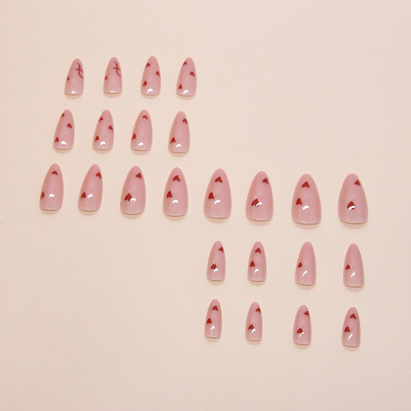 Press On Nails with Glue Almond Heart Design W1839 24 pcs Beige (A9402)