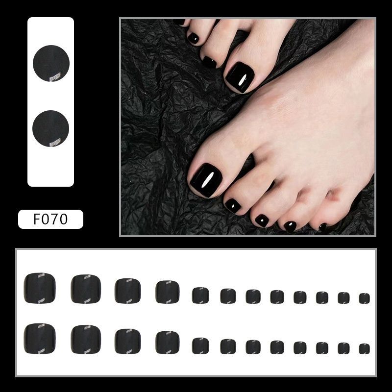 Fake nails for feet pedicure with glue Bananahall F070 Black 24 pcs (A9665)