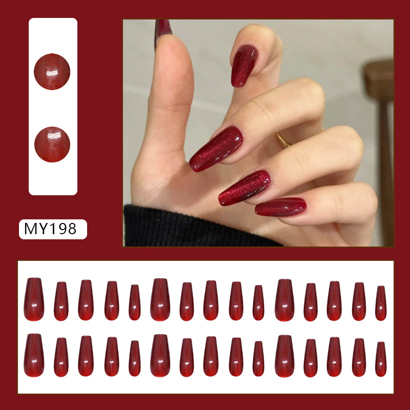 Press On Nails Almond Burgundy Glitter MY198 24 pcs with Glue Reusable Burgundy (A9400)